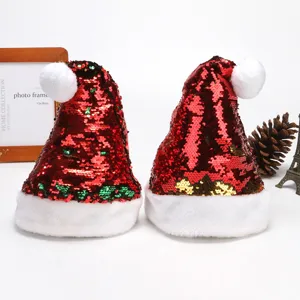 Cappello di Natale a Paillettes Reversibili Rosso Verde Oro Cappello da Babbo Natale Lucido Con Bordo in Peluche Bianco Per Festa