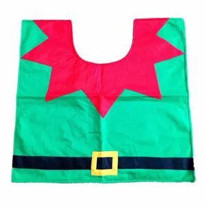 Detailed macro view of festive Christmas elf toilet cover with red collar and belt design