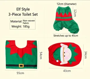 Detailed dimensions and material specs for the 3-piece Christmas Elf toilet set