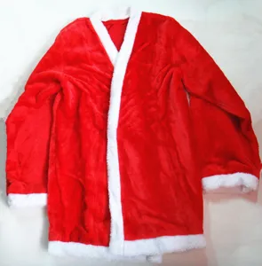 Detailed view of the soft red plush Santa Claus coat with white faux fur trim.