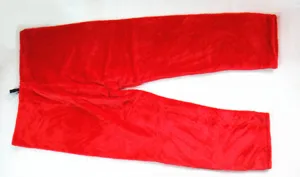 Detailed view of red plush Santa Claus costume pants for adult men with soft plush texture