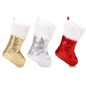 Sequin Christmas Stocking Glitter Plush Faux Fur Trim Xmas Gift Socks For Home Holiday Party Decoration Red Gold Silver