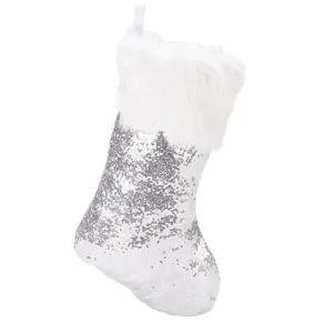 Silver sequin Christmas stocking with white faux fur trim for holiday decoration