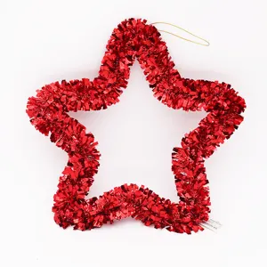 Detailed close-up of a 35cm red tinsel star wreath for festive Christmas decor
