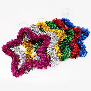 Detail of 35cm colorful Christmas tinsel wire star hanging decorations in mixed pack