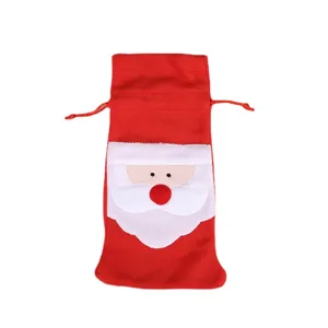 Festive Christmas Santa Claus red wine bottle cover gift bag with drawstring closure