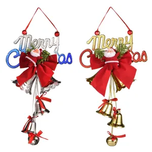 Christmas Tree Hanging Ornaments Elk Deer Santa Claus Star Pine Cone Decors With Metal Bells Satin Bows For Xmas Home Party Decoration