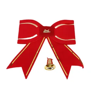 Lazo de Navidad de terciopelo rojo con borde dorado y campana para árbol