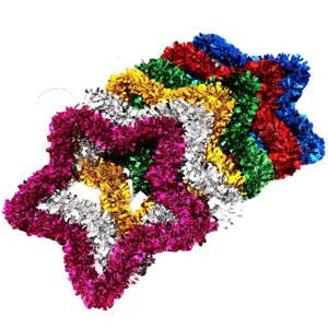 Set of colorful 35cm tinsel star hanging decorations for Christmas shop window displays.