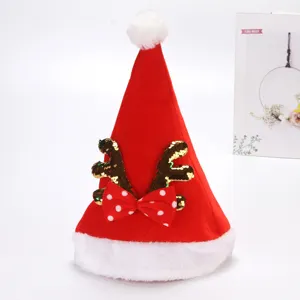 Gorro de Navidad festivo de terciopelo rojo con astas de lentejuelas doradas y lazo