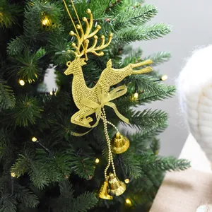 Detailed view of a glittering golden reindeer Christmas ornament with small bells.
