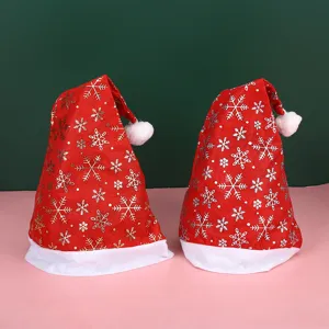 Cappello di Babbo Natale in Peluche Rosso Con Stampa di Fiocchi di Neve Oro Argento Pompon Accessori per Feste di Natale