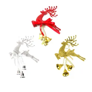 Set of three glitter Christmas reindeer ornaments with bows and bells in red gold silver