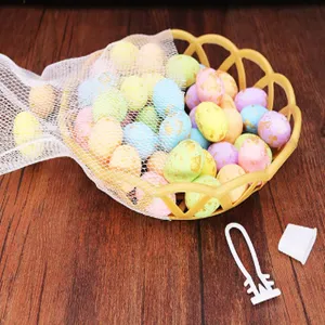 Detailed view of colorful spotted foam Easter eggs in a yellow basket with mesh bag