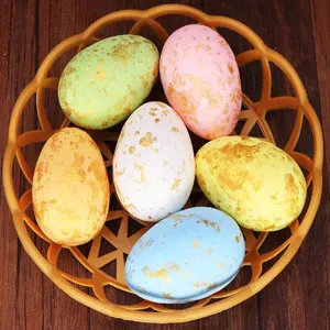 Detailed macro view of colorful speckled Easter eggs in a decorative brown basket