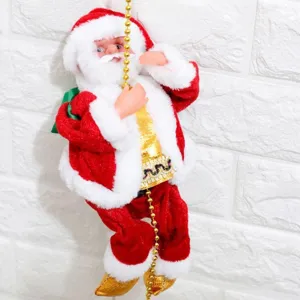 Primer plano detallado de Papá Noel eléctrico trepando por una cadena de cuentas doradas