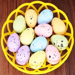 Colorful speckled foam Easter eggs arranged in a yellow basket for DIY holiday decor