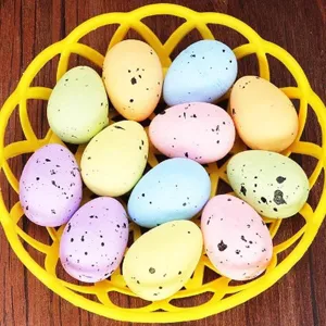 Vibrant speckled foam Easter eggs set in a yellow decorative basket for holiday decor