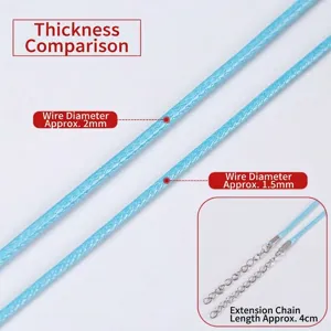 Light blue braided wax necklace cord with adjustable extension chain and lobster clasp