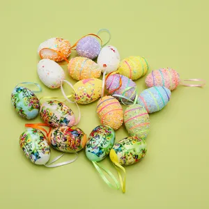 Detailed view of colorful decorative Easter eggs with foam beads and cartoon patterns