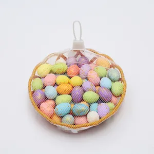 Detailed view of colorful speckled Easter eggs in a mesh net bag with a hanger.