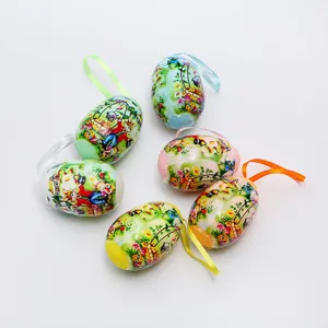 Set of 6 decorative Easter eggs with bunny illustrations and colorful hanging ribbons