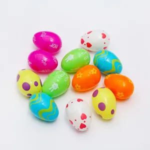 Detail showing colorful plastic Easter eggs with bunny, flower, and heart patterns.