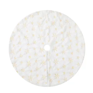 White plush Christmas tree skirt with embroidered gold sequin snowflakes