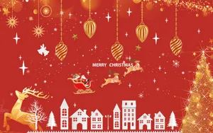 Festive red background for Christmas ornaments with Santa sleigh and golden deer graphics