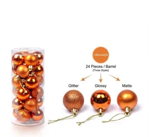 Set of 24 cinnamon Christmas tree ball ornaments featuring glitter, shiny, and matte finishes