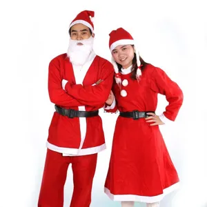 Adult couple wearing red Santa Claus Christmas costumes with hats and belts in detail view
