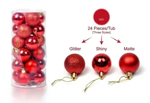Detailed view of 24 red Christmas ball ornaments in glitter, shiny and matte styles