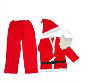 Detailed flat lay of red Santa Claus costume set with jacket, pants, hat, and beard.