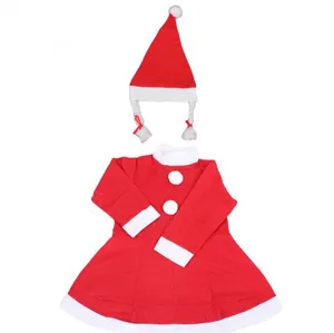 Festive red Christmas Santa Claus dress costume for girls featuring hat with white braids