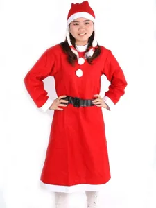 Full view of adult woman wearing festive red Christmas dress costume set with hat and belt