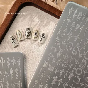 French Vintage Stainless Steel Nail Art Stamping Plate Gothic Cross Star Badge Relief Pattern Manicure Template Tools For Women