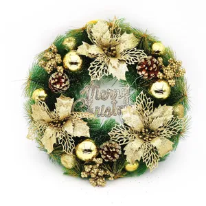 Detailed view of 40cm Christmas wreath with gold glitter flowers and Merry Christmas sign