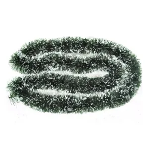 Detailed view of 2m green and white snow-tipped Christmas tinsel garland decoration