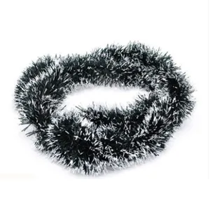 Detail of 2m black Christmas tinsel garland with silver tips for tree decoration