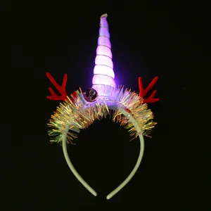 LED glowing unicorn headband with red reindeer antlers and colorful tinsel for Christmas