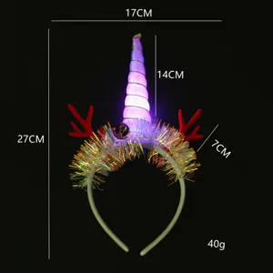 LED unicorn headband with red antlers and tinsel, height 27cm, weight 40g
