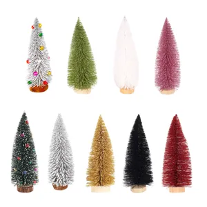 Mini Árbol de Navidad de Sisal Adornos Aguja de Pino Artificial Flocada Árboles de Cepillo Con Base de Madera Mesa Navidad Fiesta Hogar Oficina Decoraciones