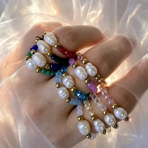 Handgemachte Bunte Glasperlen Elastischer Ring Für Damen Süßwasserperle Edelstahl Perlen Geometrischer Fingerring Sommer Schmuck Geschenk