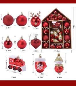 Gedetailleerde specificaties van maat en aantal voor diverse rode kerstballen in een set.
