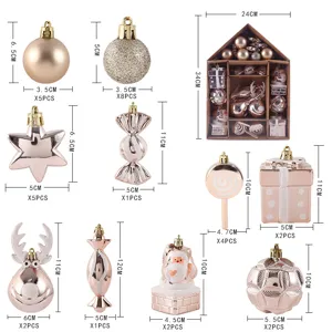 Gedetailleerde afmetingen en aantallen van diverse roségouden kerstboomversiering.