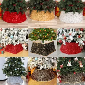 Sequin Christmas Tree Collar Glitter Tree Skirt Base Decoration Foldable Hexagonal Tree Ring For Xmas Home Holiday Party