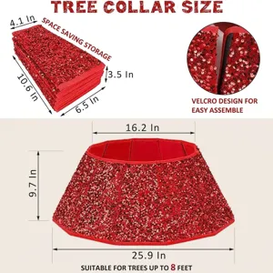Red sequined Christmas tree collar with size dimensions for trees up to 8 feet