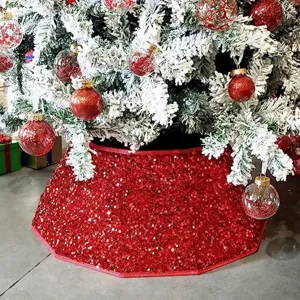 Sparkling red sequined Christmas tree collar base skirt for festive holiday home decoration