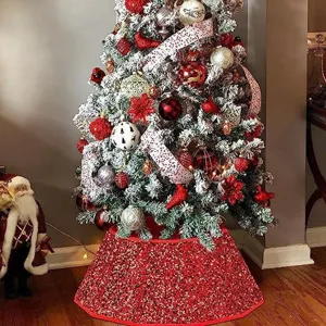 Festive red sequin Christmas tree collar skirt for sparkling holiday base decoration