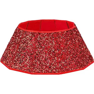 Red sequin Christmas tree collar skirt for festive holiday tree base decoration